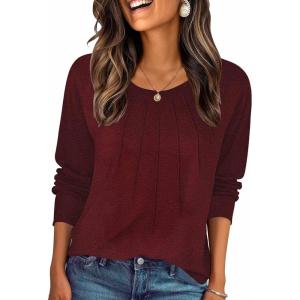 imageZeagoo Fall Tops for Women Long Sleeve Shirts Casual Cotton Blouses 2025 Dressy Pleated TunicsBurgundy