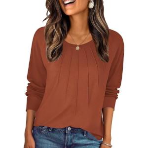 imageZeagoo Fall Tops for Women Long Sleeve Shirts Casual Cotton Blouses 2025 Dressy Pleated TunicsCaramel