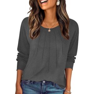 imageZeagoo Fall Tops for Women Long Sleeve Shirts Casual Cotton Blouses 2025 Dressy Pleated TunicsDark Grey