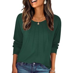 imageZeagoo Fall Tops for Women Long Sleeve Shirts Casual Cotton Blouses 2025 Dressy Pleated TunicsDeep Green
