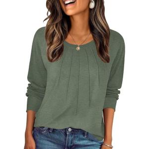 imageZeagoo Fall Tops for Women Long Sleeve Shirts Casual Cotton Blouses 2025 Dressy Pleated TunicsGreen