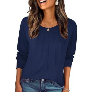 imageZeagoo Fall Tops for Women Long Sleeve Shirts Casual Cotton Blouses 2025 Dressy Pleated TunicsNavy