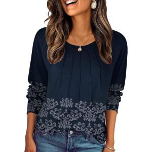 imageZeagoo Fall Tops for Women Long Sleeve Shirts Casual Cotton Blouses 2025 Dressy Pleated TunicsNavy Print