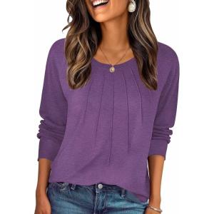 imageZeagoo Fall Tops for Women Long Sleeve Shirts Casual Cotton Blouses 2025 Dressy Pleated TunicsPurple