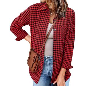 imageZeagoo Long Sleeve Plaid Shirt for Women Button Down Shirts Buffalo Shackets Business Casual BlousesRed