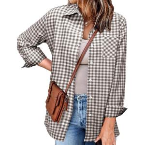 imageZeagoo Long Sleeve Plaid Shirt for Women Button Down Shirts Buffalo Shackets Business Casual BlousesWhite Brown