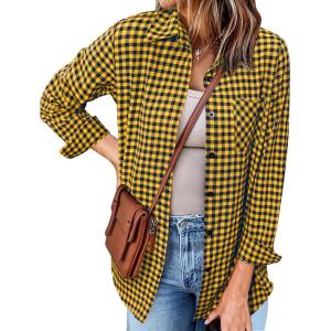 imageZeagoo Long Sleeve Plaid Shirt for Women Button Down Shirts Buffalo Shackets Business Casual BlousesYellow Blue