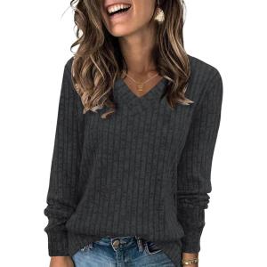 imageZeagoo Long Sleeve Shirts for Women V Neck Casual Sweaters Basic Knit 2025 Fall Fashion Pullover TopsDark Grey