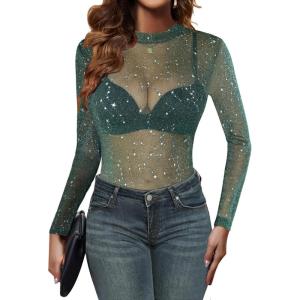 imageZeagoo Mesh Top Women Long Sleeve Shirts See Through Party Layering Mock Neck 2024 Fall Sheer UndershirtGreen Shiny Stars