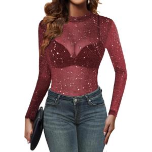 imageZeagoo Mesh Top Women Long Sleeve Shirts See Through Party Layering Mock Neck 2024 Fall Sheer UndershirtRed Shiny Stars