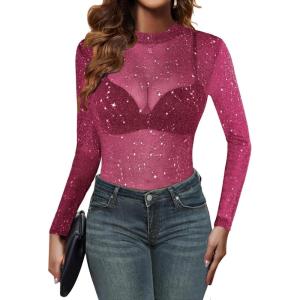imageZeagoo Mesh Top Women Long Sleeve Shirts See Through Party Layering Mock Neck 2024 Fall Sheer UndershirtRose Shiny Stars