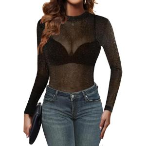 imageZeagoo Mesh Top Women Long Sleeve Shirts See Through Party Layering Mock Neck 2024 Fall Sheer UndershirtSheer Black