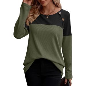 imageZeagoo Women Waffle Knit Shirts Long Sleeve Colorblock Tee Button Detail TunicsArmy Geeen