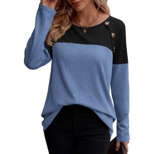 imageZeagoo Women Waffle Knit Shirts Long Sleeve Colorblock Tee Button Detail TunicsBlackblue