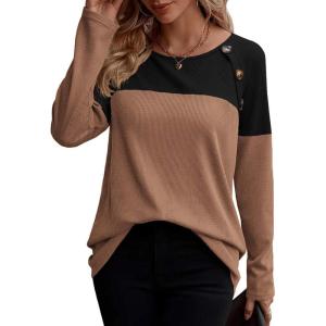 imageZeagoo Women Waffle Knit Shirts Long Sleeve Colorblock Tee Button Detail TunicsBlackbrown