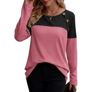 imageZeagoo Women Waffle Knit Shirts Long Sleeve Colorblock Tee Button Detail TunicsBlackmauve