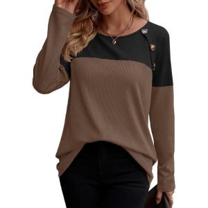imageZeagoo Women Waffle Knit Shirts Long Sleeve Colorblock Tee Button Detail TunicsBrown
