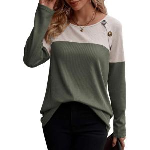 imageZeagoo Women Waffle Knit Shirts Long Sleeve Colorblock Tee Button Detail TunicsGreyarmy Green