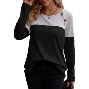 imageZeagoo Women Waffle Knit Shirts Long Sleeve Colorblock Tee Button Detail TunicsLight Grey Black