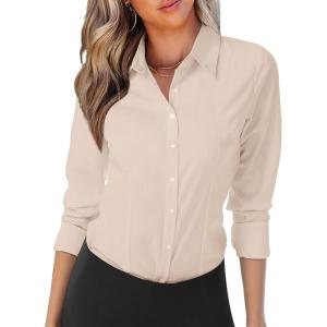 imageZeagoo Womens Button Down Shirts Long Sleeve V Neck Tops Wrinkle Free Collared Work Office Solid Blouses Corset TopsBeige
