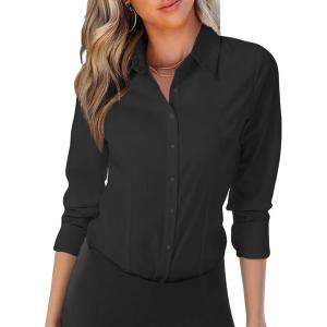 imageZeagoo Womens Button Down Shirts Long Sleeve V Neck Tops Wrinkle Free Collared Work Office Solid Blouses Corset TopsBlack
