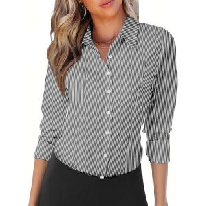 imageZeagoo Womens Button Down Shirts Long Sleeve V Neck Tops Wrinkle Free Collared Work Office Solid Blouses Corset TopsBlack Stripe