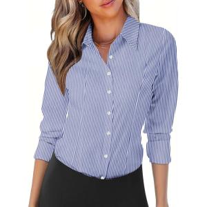 imageZeagoo Womens Button Down Shirts Long Sleeve V Neck Tops Wrinkle Free Collared Work Office Solid Blouses Corset TopsDark Blue Stripe