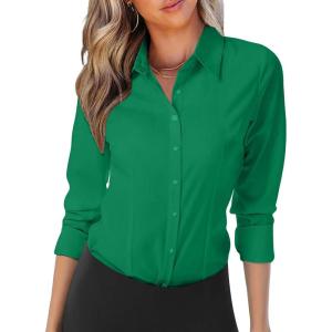 imageZeagoo Womens Button Down Shirts Long Sleeve V Neck Tops Wrinkle Free Collared Work Office Solid Blouses Corset TopsGreen