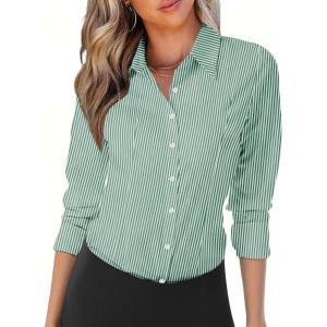imageZeagoo Womens Button Down Shirts Long Sleeve V Neck Tops Wrinkle Free Collared Work Office Solid Blouses Corset TopsGreen Stripe