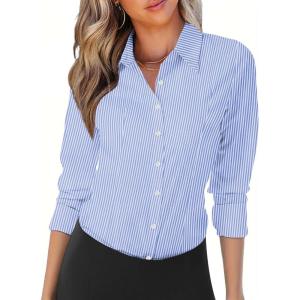imageZeagoo Womens Button Down Shirts Long Sleeve V Neck Tops Wrinkle Free Collared Work Office Solid Blouses Corset TopsLight Blue Stripe