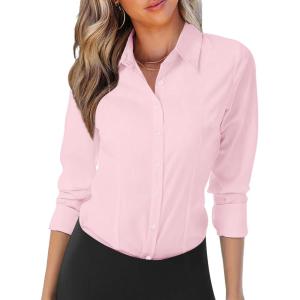 imageZeagoo Womens Button Down Shirts Long Sleeve V Neck Tops Wrinkle Free Collared Work Office Solid Blouses Corset TopsPink