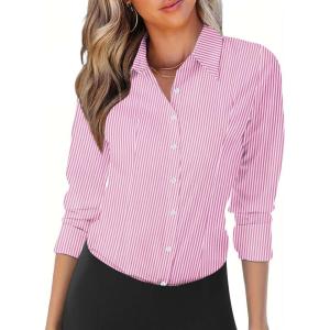 imageZeagoo Womens Button Down Shirts Long Sleeve V Neck Tops Wrinkle Free Collared Work Office Solid Blouses Corset TopsPink Stripe