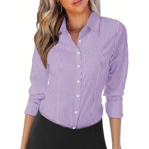 imageZeagoo Womens Button Down Shirts Long Sleeve V Neck Tops Wrinkle Free Collared Work Office Solid Blouses Corset TopsPurple Stripe