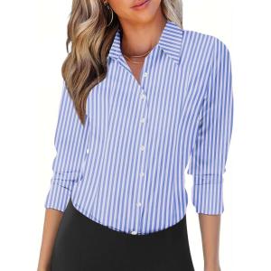 imageZeagoo Womens Button Down Shirts Long Sleeve V Neck Tops Wrinkle Free Collared Work Office Solid Blouses Corset TopsWide Blue Stripe