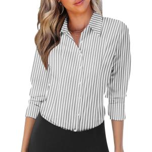 imageZeagoo Womens Button Down Shirts Long Sleeve V Neck Tops Wrinkle Free Collared Work Office Solid Blouses Corset TopsWide Grey Stripe