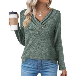 imageZeagoo Womens Casual Tunic Tops Long Sleeve Shirts for Leggings V Neck Button Fall Pullover Blouse Loose SweatshirtsArmy Green