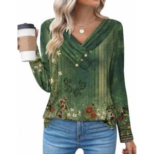 imageZeagoo Womens Casual Tunic Tops Long Sleeve Shirts for Leggings V Neck Button Fall Pullover Blouse Loose SweatshirtsGreenfloral Printed