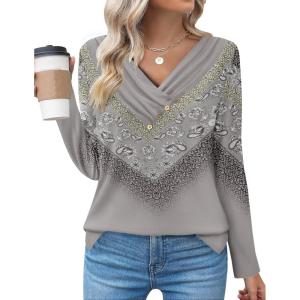 imageZeagoo Womens Casual Tunic Tops Long Sleeve Shirts for Leggings V Neck Button Fall Pullover Blouse Loose SweatshirtsGreyprinted