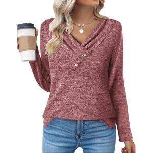 imageZeagoo Womens Casual Tunic Tops Long Sleeve Shirts for Leggings V Neck Button Fall Pullover Blouse Loose SweatshirtsRed02