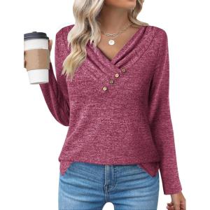 imageZeagoo Womens Casual Tunic Tops Long Sleeve Shirts for Leggings V Neck Button Fall Pullover Blouse Loose SweatshirtsRose Red