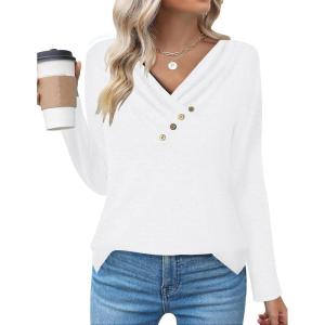 imageZeagoo Womens Casual Tunic Tops Long Sleeve Shirts for Leggings V Neck Button Fall Pullover Blouse Loose SweatshirtsWhite