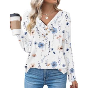 imageZeagoo Womens Casual Tunic Tops Long Sleeve Shirts for Leggings V Neck Button Fall Pullover Blouse Loose SweatshirtsWhiteprinted