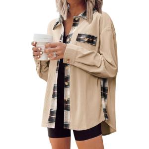 imageZeagoo Womens Corduroy Flannel Shacket Jacket Casual Plaid Button Down Shirts Long Sleeve Fall Tops with PocketsApricot