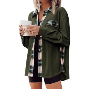 imageZeagoo Womens Corduroy Flannel Shacket Jacket Casual Plaid Button Down Shirts Long Sleeve Fall Tops with PocketsArmy Green