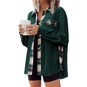 imageZeagoo Womens Corduroy Flannel Shacket Jacket Casual Plaid Button Down Shirts Long Sleeve Fall Tops with PocketsDark Green
