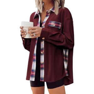 imageZeagoo Womens Corduroy Flannel Shacket Jacket Casual Plaid Button Down Shirts Long Sleeve Fall Tops with PocketsDark Red