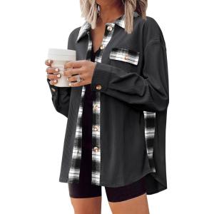 imageZeagoo Womens Corduroy Flannel Shacket Jacket Casual Plaid Button Down Shirts Long Sleeve Fall Tops with PocketsDrak Grey