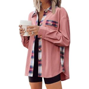 imageZeagoo Womens Corduroy Flannel Shacket Jacket Casual Plaid Button Down Shirts Long Sleeve Fall Tops with PocketsOrange Pink
