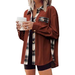 imageZeagoo Womens Corduroy Flannel Shacket Jacket Casual Plaid Button Down Shirts Long Sleeve Fall Tops with PocketsTerracotta