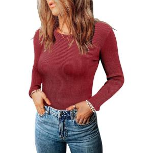 imageZeagoo Womens Long Sleeve Ribbed Shirt 2025 Fall Knit Sweater Basic Slim Fit Tops Crewneck Cute OutfitsWine Red